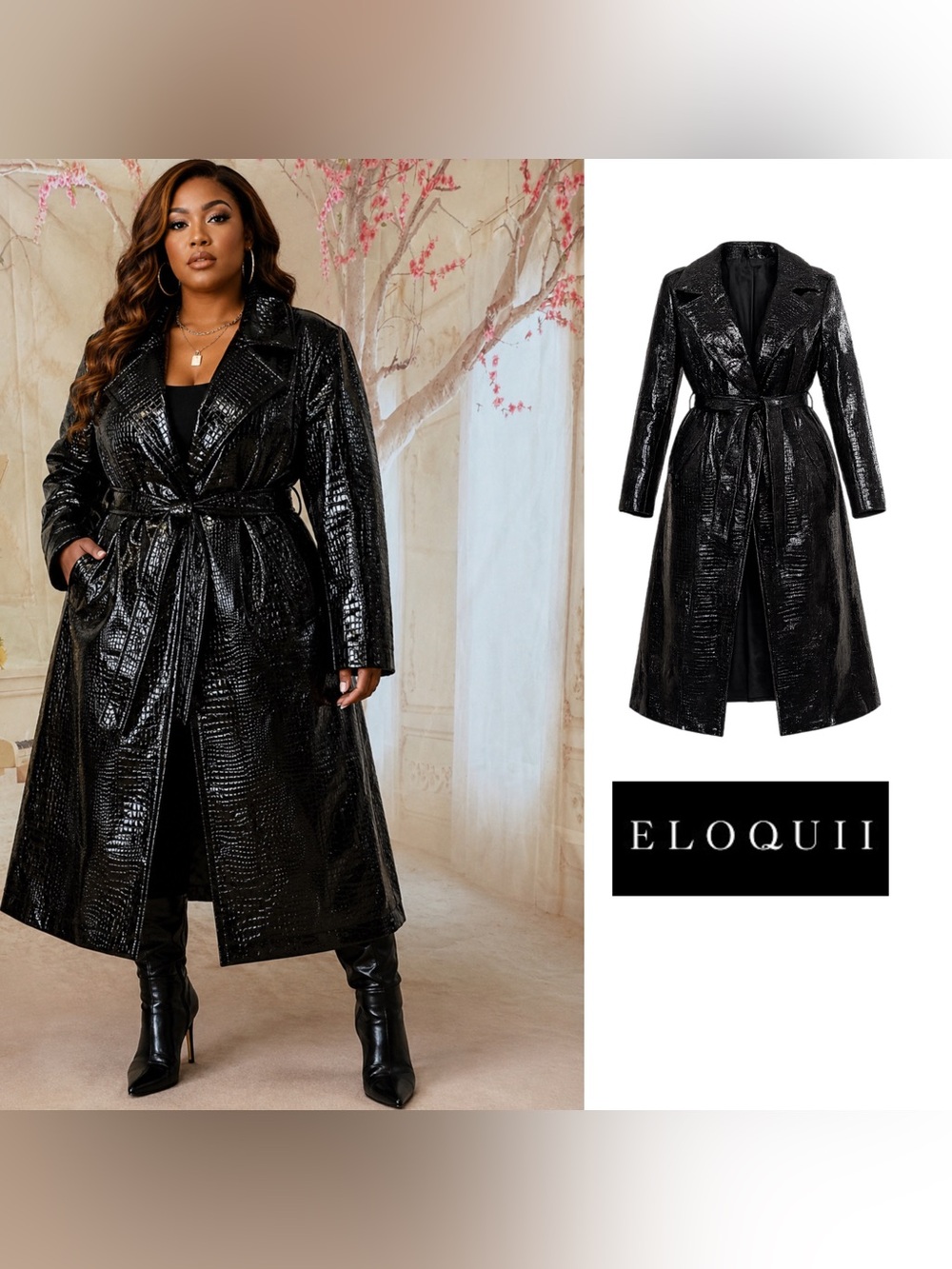 NEW Eloquii Black Faux Croc Belted Trench Coat